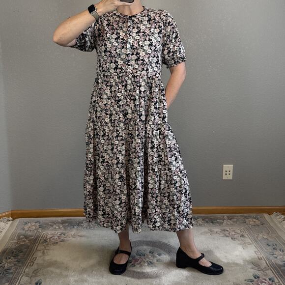 Natural Life Womens Tiered Floral Midi Maxi Dress Size M Boho Pocket Puff Sleeve - Picture 2 of 11